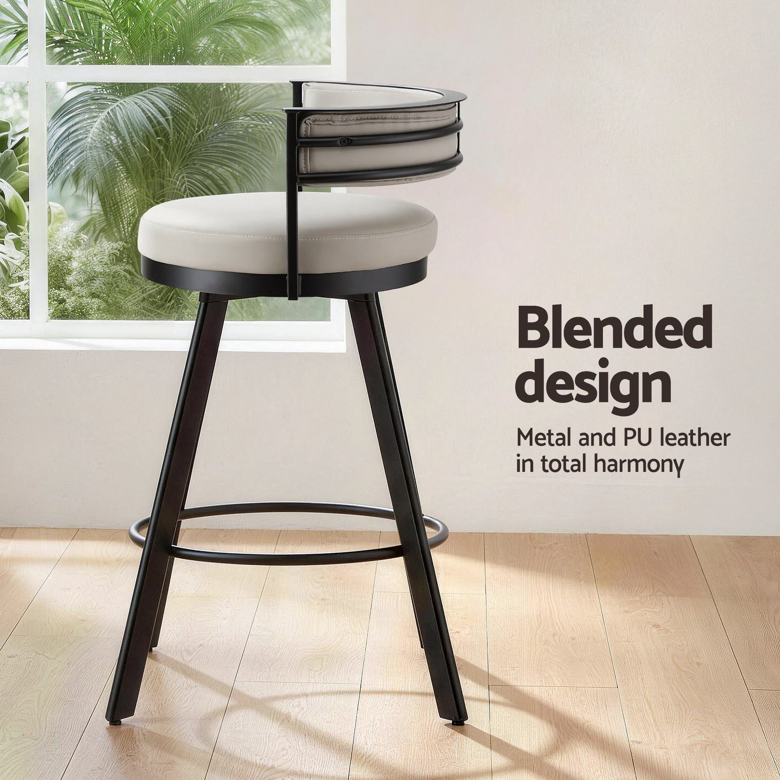 Artiss Bar Stools Set of 2 Swivel Kitchen Chair Metal Counter Beige Leather - Image 4