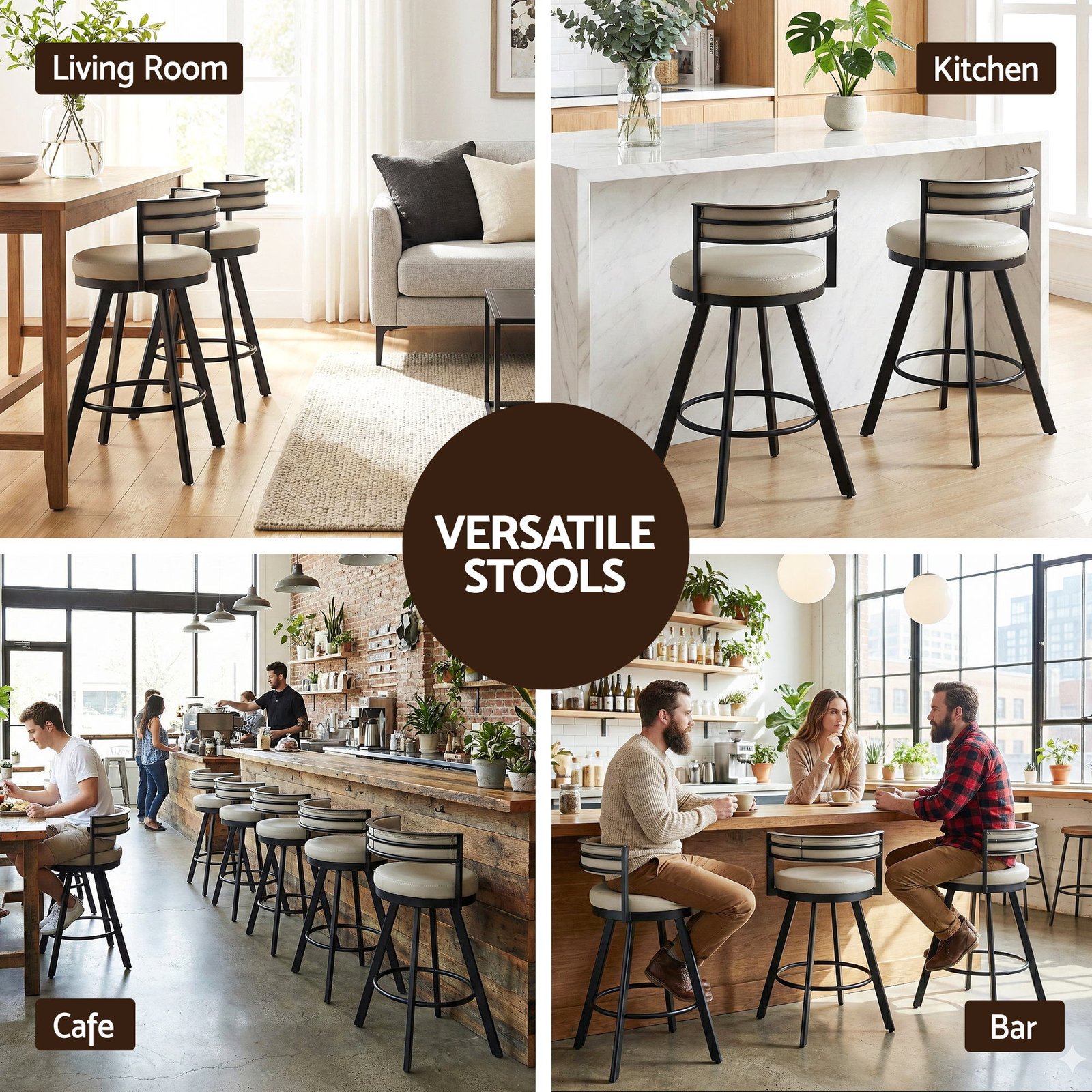 Artiss Bar Stools Set of 2 Swivel Kitchen Chair Metal Counter Beige Leather - Image 5