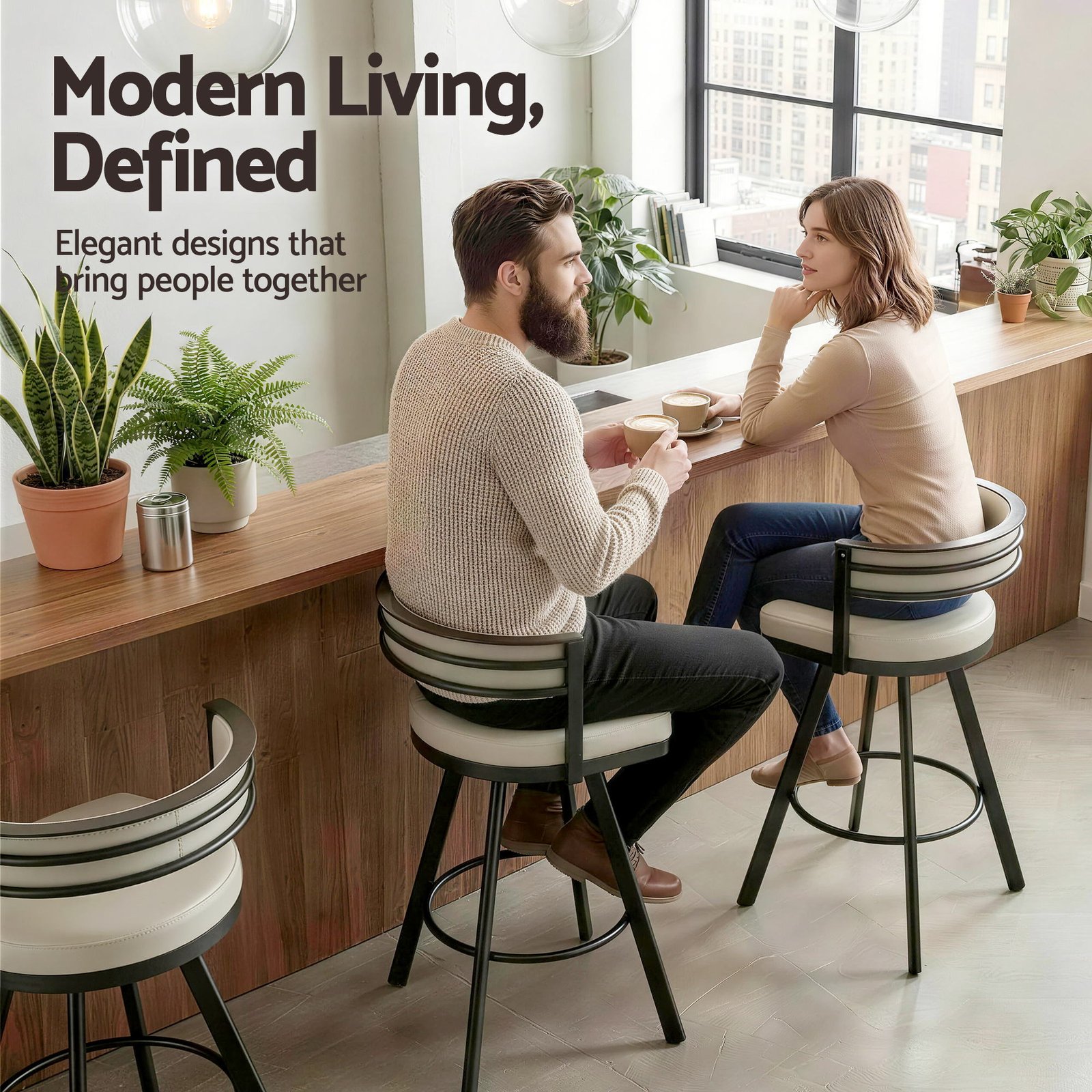 Artiss Bar Stools Set of 2 Swivel Kitchen Chair Metal Counter Beige Leather - Image 9