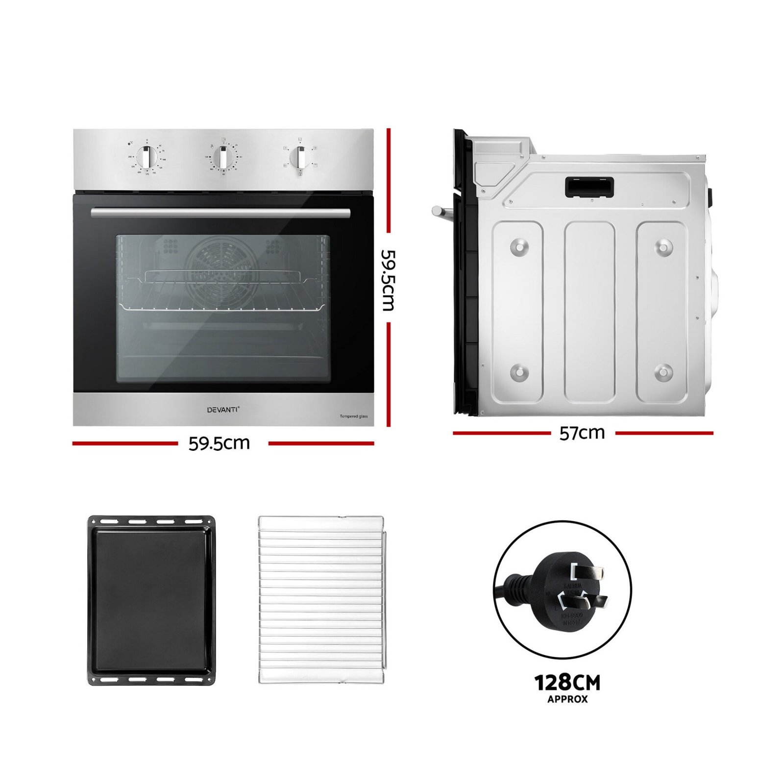 Devanti 60cm Electric Built In Wall Oven Stainless Steel 70L Silver - Image 3