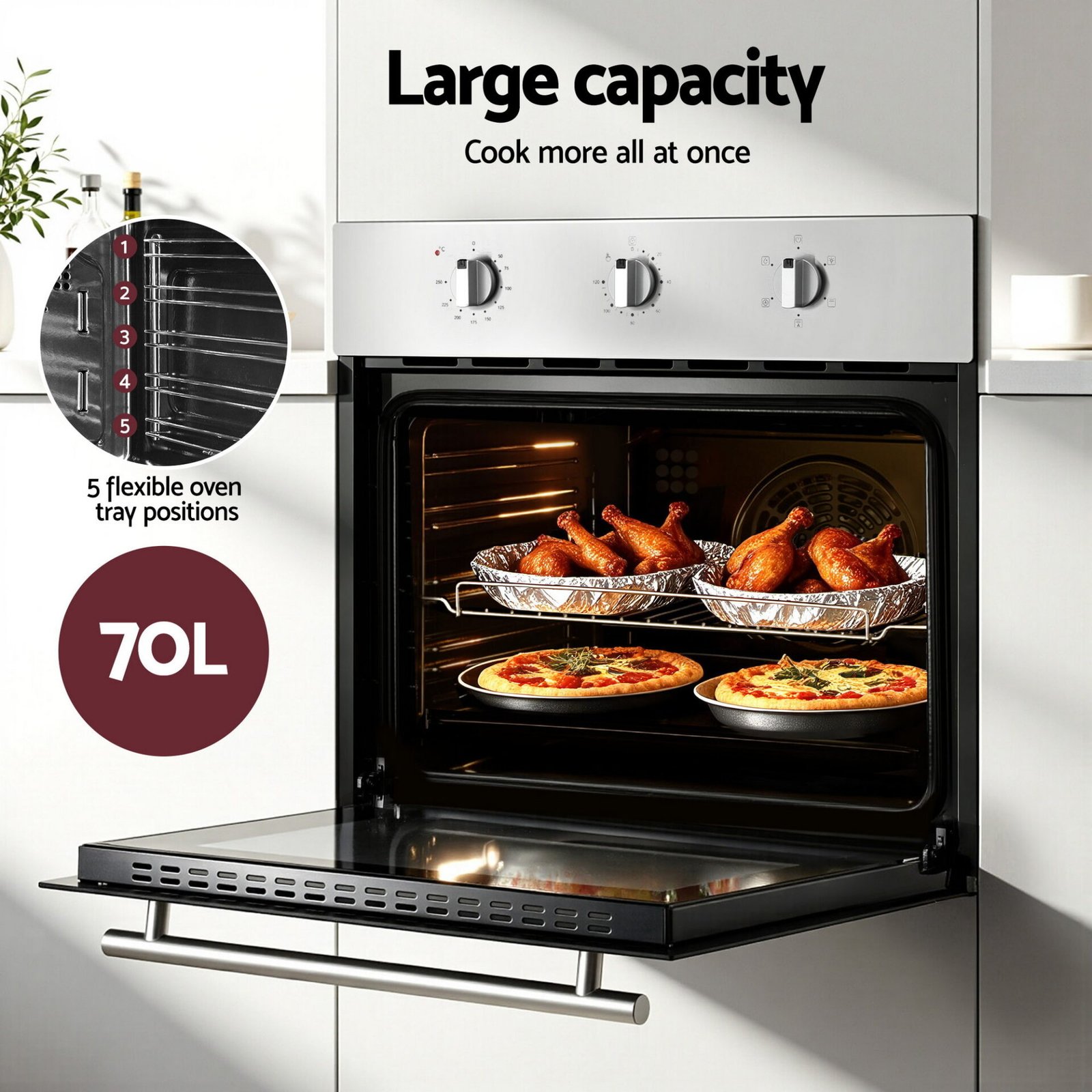 Devanti 60cm Electric Built In Wall Oven Stainless Steel 70L Silver - Image 5