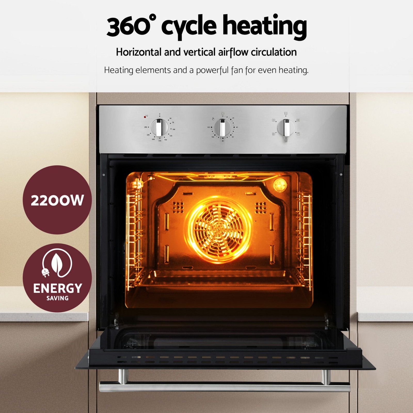 Devanti 60cm Electric Built In Wall Oven Stainless Steel 70L Silver - Image 8