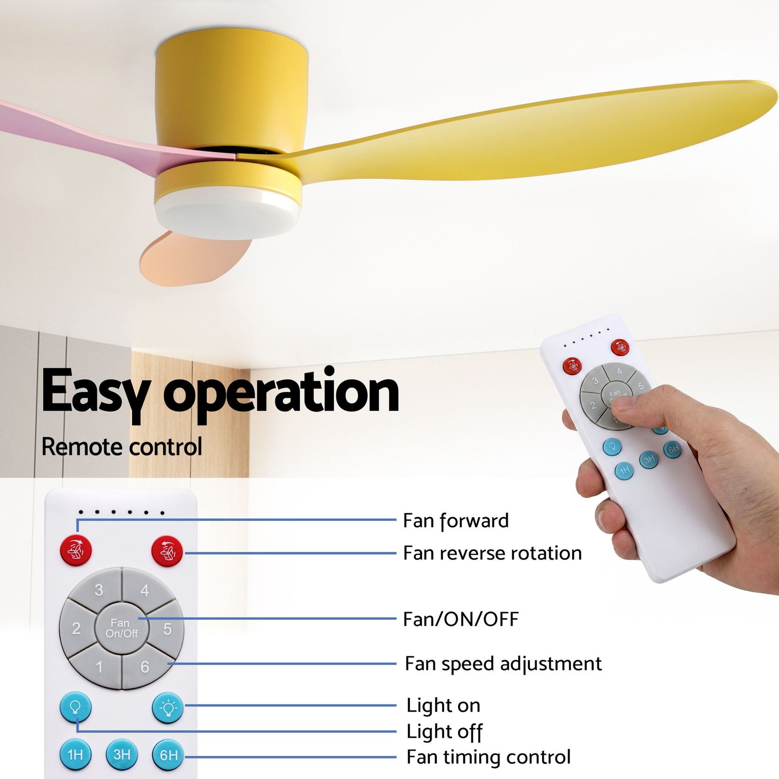 Devanti 52'' Ceiling Fan 3 Blades DC Motor w/Light w/Remote Yellow Pink Orange - Image 7