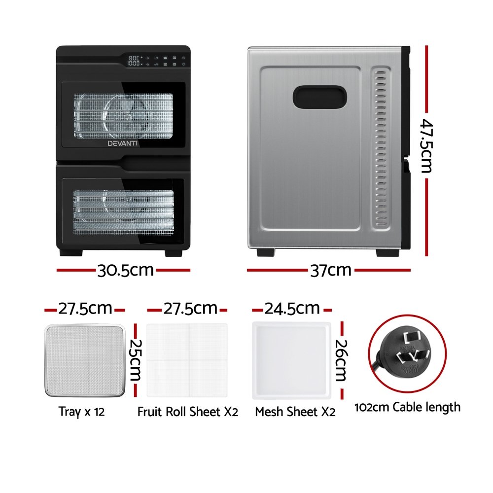 Devanti 12 Trays Food Dehydrator Dual-Zone Stainless Steel Fruit Jerky Dryer - Image 3
