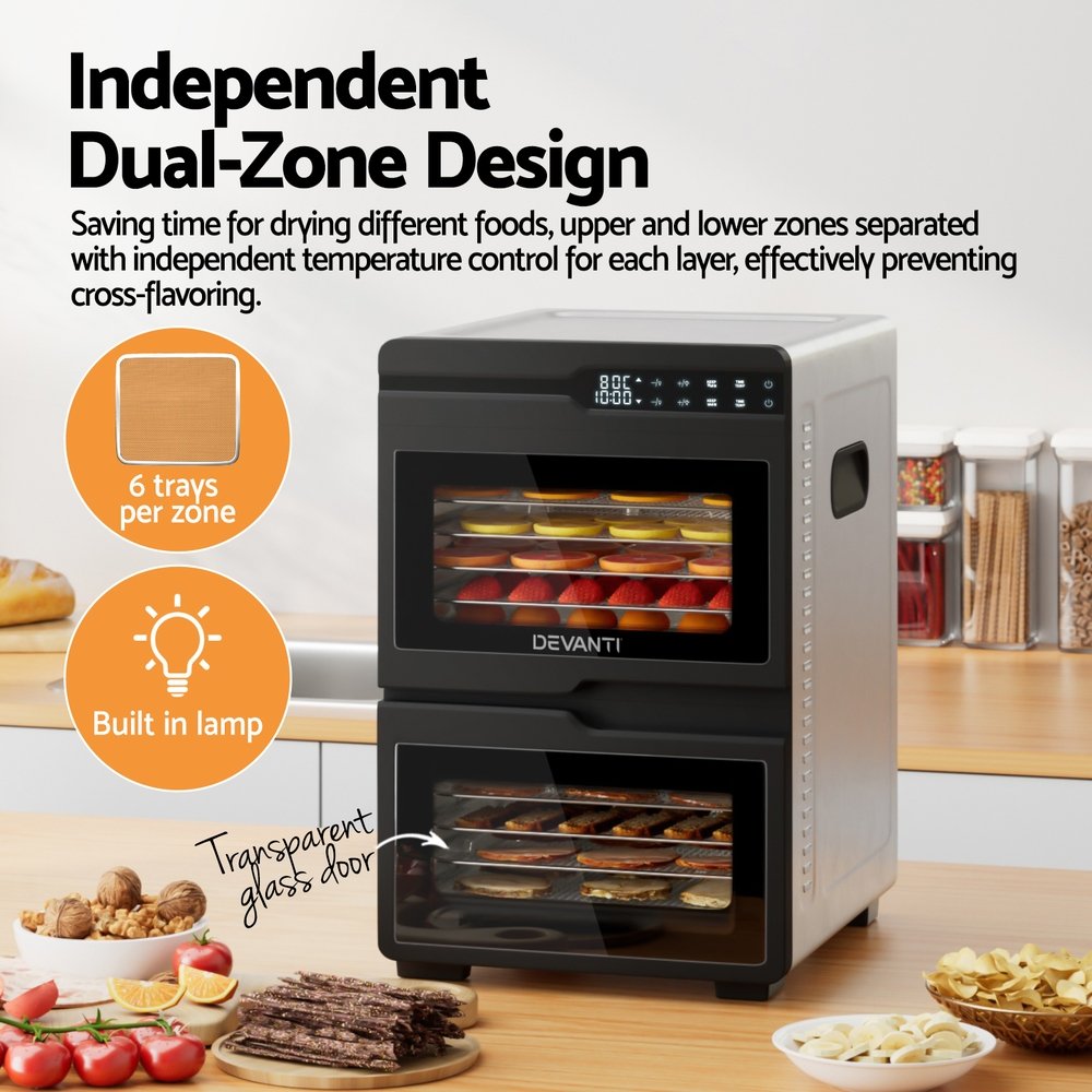 Devanti 12 Trays Food Dehydrator Dual-Zone Stainless Steel Fruit Jerky Dryer - Image 5