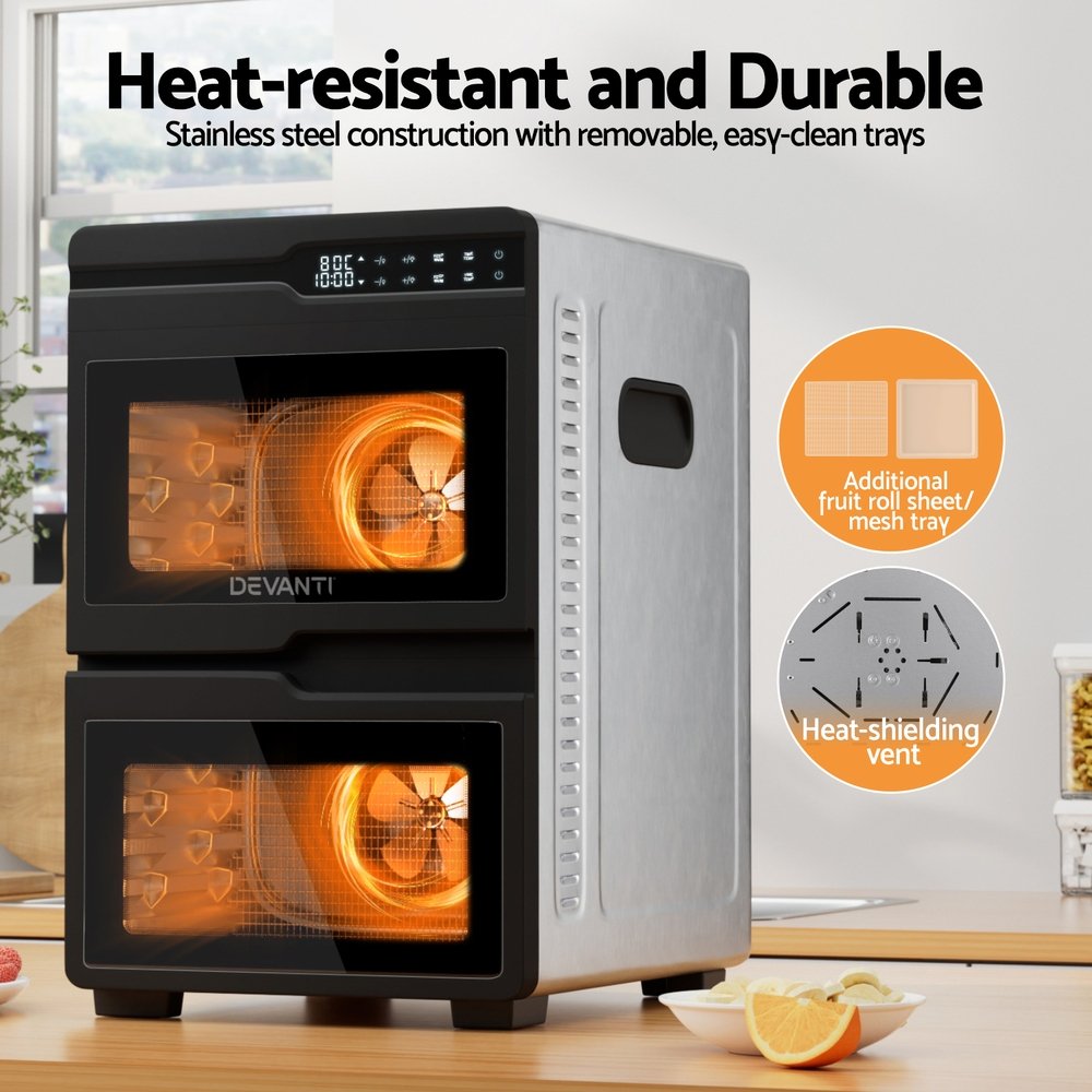 Devanti 12 Trays Food Dehydrator Dual-Zone Stainless Steel Fruit Jerky Dryer - Image 7