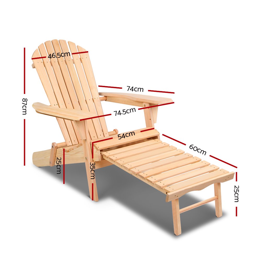 Gardeon 2PC Adirondack Outdoor Chairs Wooden Sun Lounge Patio Furniture Garden Natural - Image 2