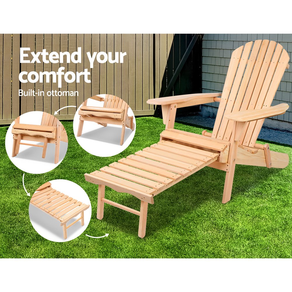 Gardeon 2PC Adirondack Outdoor Chairs Wooden Sun Lounge Patio Furniture Garden Natural - Image 3