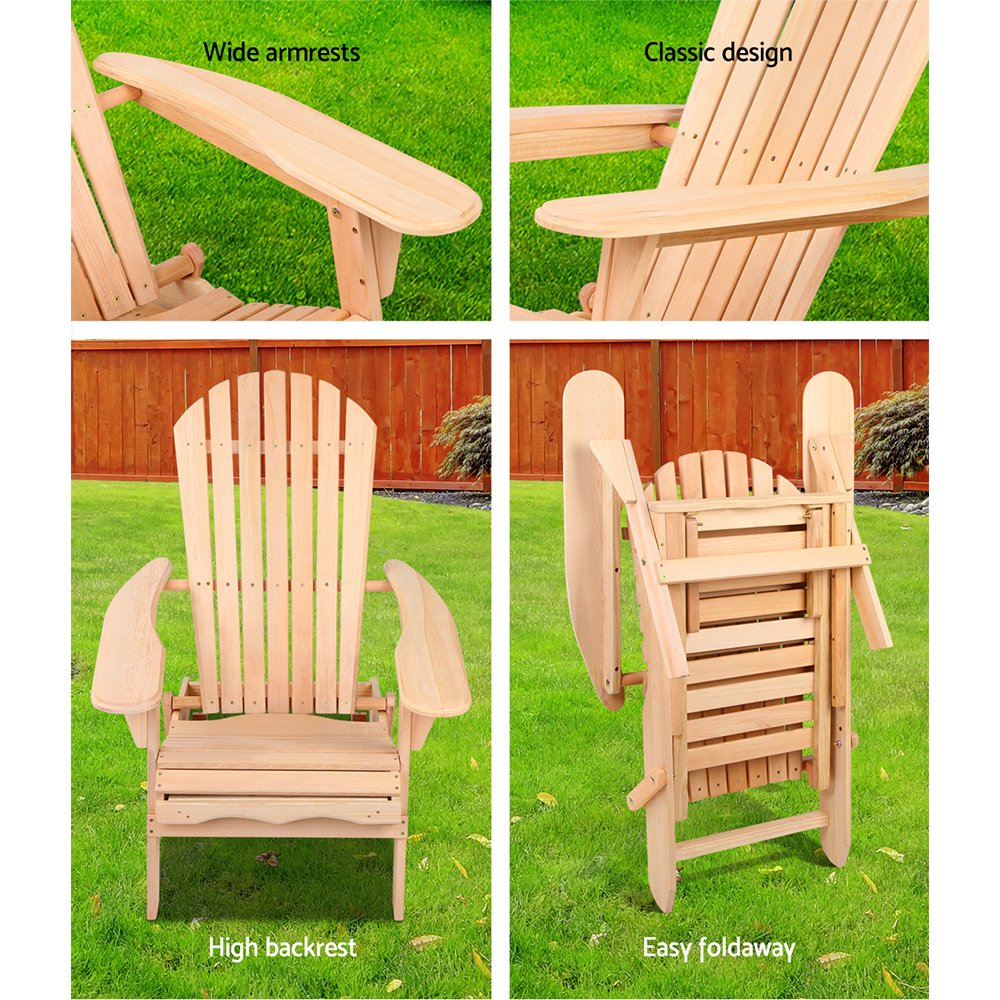 Gardeon 2PC Adirondack Outdoor Chairs Wooden Sun Lounge Patio Furniture Garden Natural - Image 4