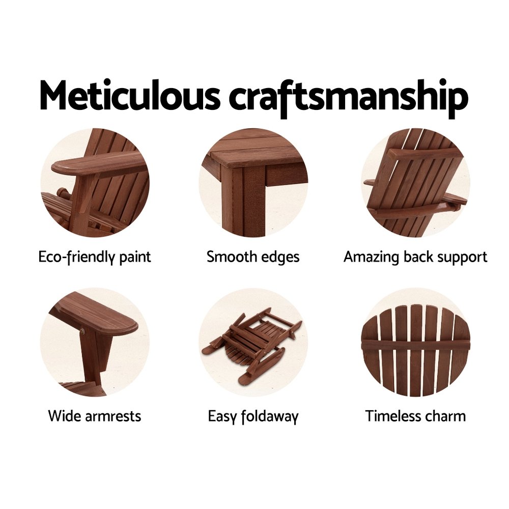 Gardeon Adirondack Outdoor Chairs Wooden Foldable Beach Chair Patio Furniture Brown - Image 5