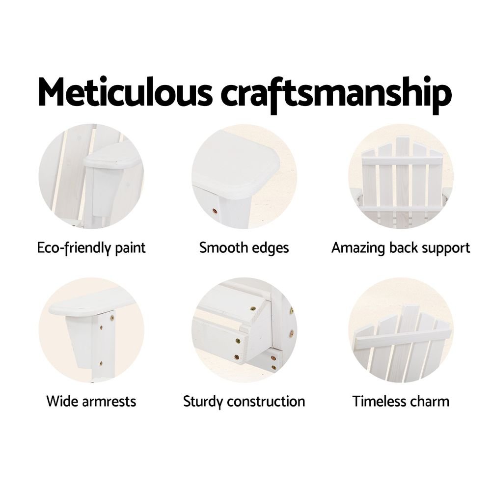 Gardeon 5PC Adirondack Outdoor Table and Chairs Wooden Sun Lounge Patio Furniture White - Image 4