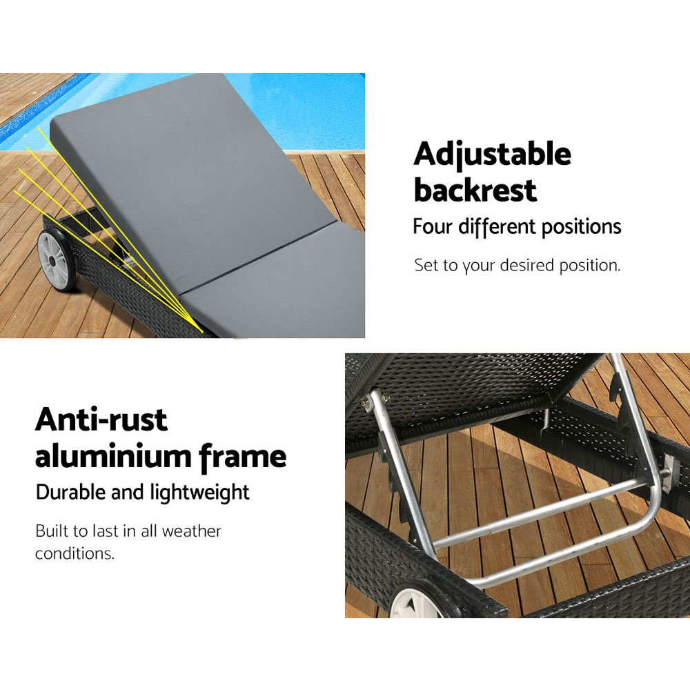 Gardeon Sun Lounge Wicker Lounger Outdoor Furniture Day Bed Wheels Patio Black - Image 4