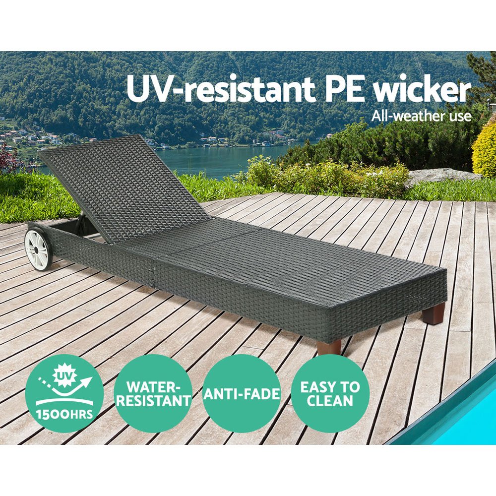 Gardeon Sun Lounge Wicker Lounger Outdoor Furniture Day Bed Wheels Patio Black - Image 5
