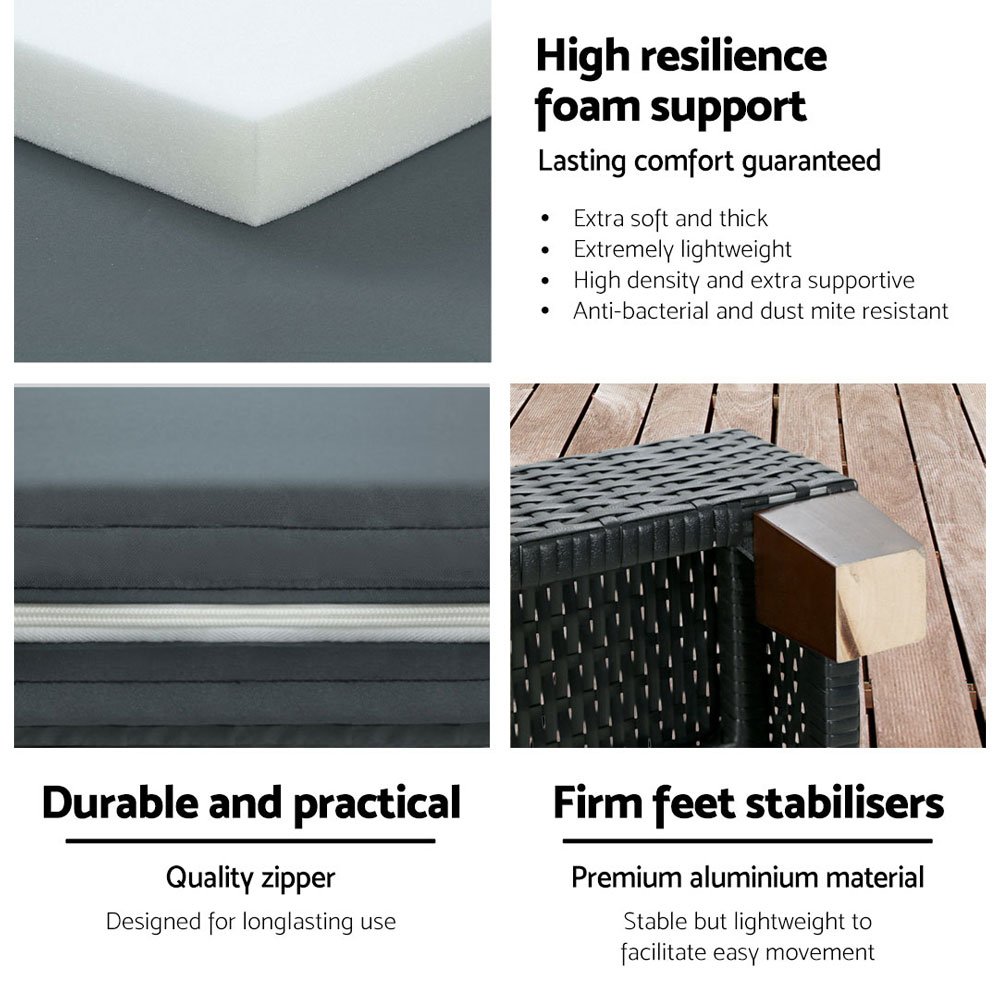 Gardeon Sun Lounge Wicker Lounger Outdoor Furniture Day Bed Wheels Patio Black - Image 6