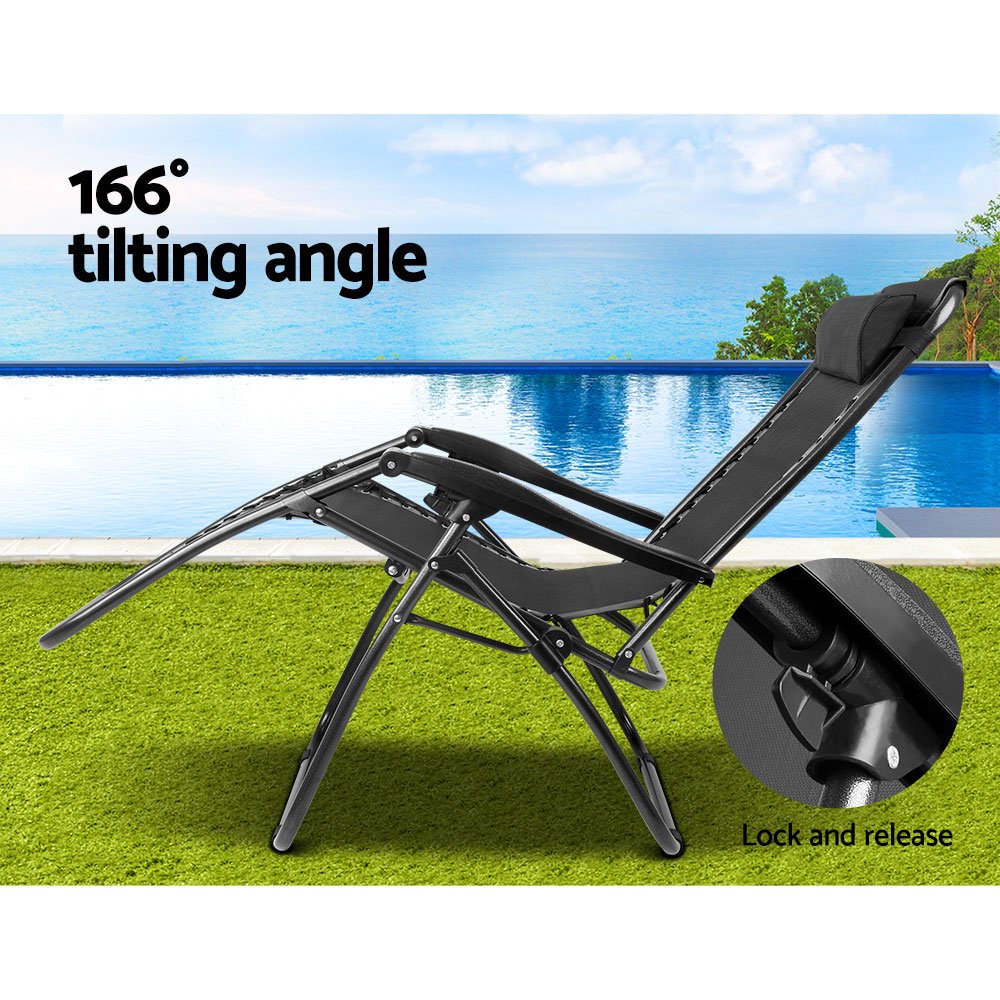Gardeon 2PC Zero Gravity Chair Folding Outdoor Recliner Adjustable Sun Lounge Camping Black - Image 5