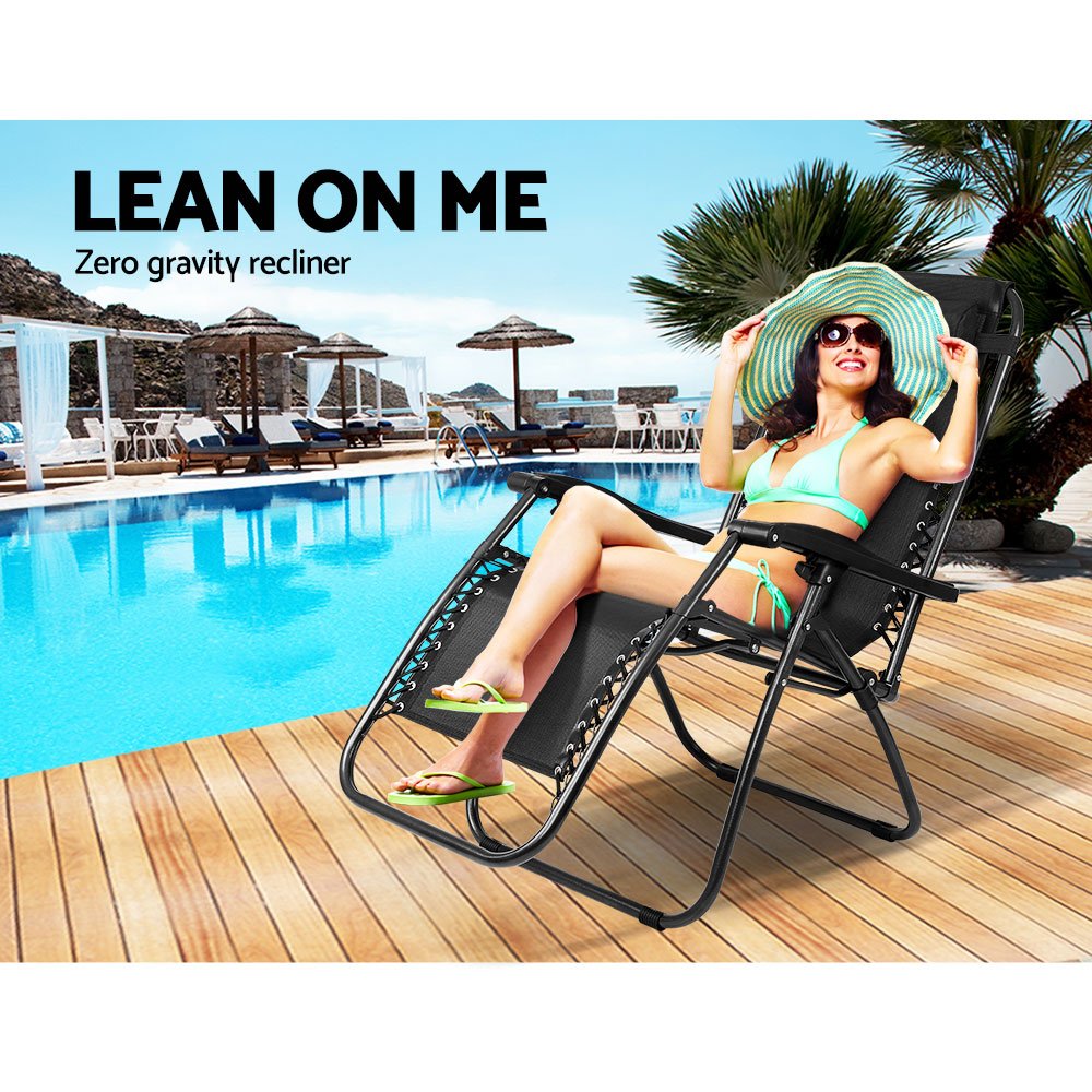 Gardeon 2PC Zero Gravity Chair Folding Outdoor Recliner Adjustable Sun Lounge Camping Black - Image 6