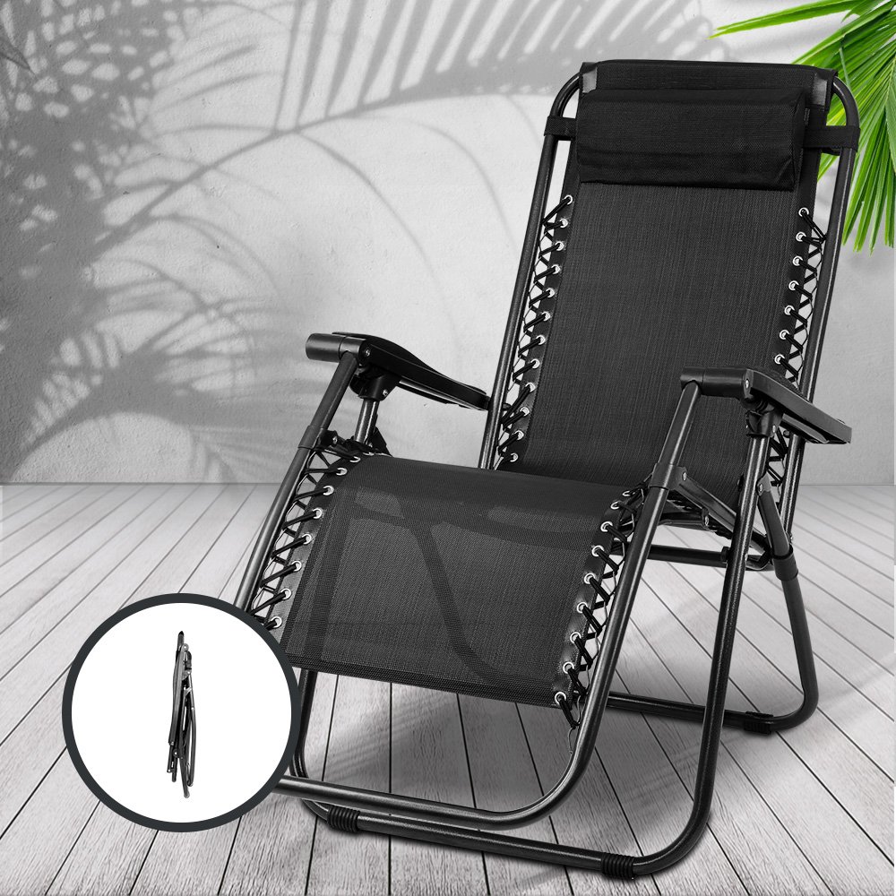 Gardeon 2PC Zero Gravity Chair Folding Outdoor Recliner Adjustable Sun Lounge Camping Black - Image 7