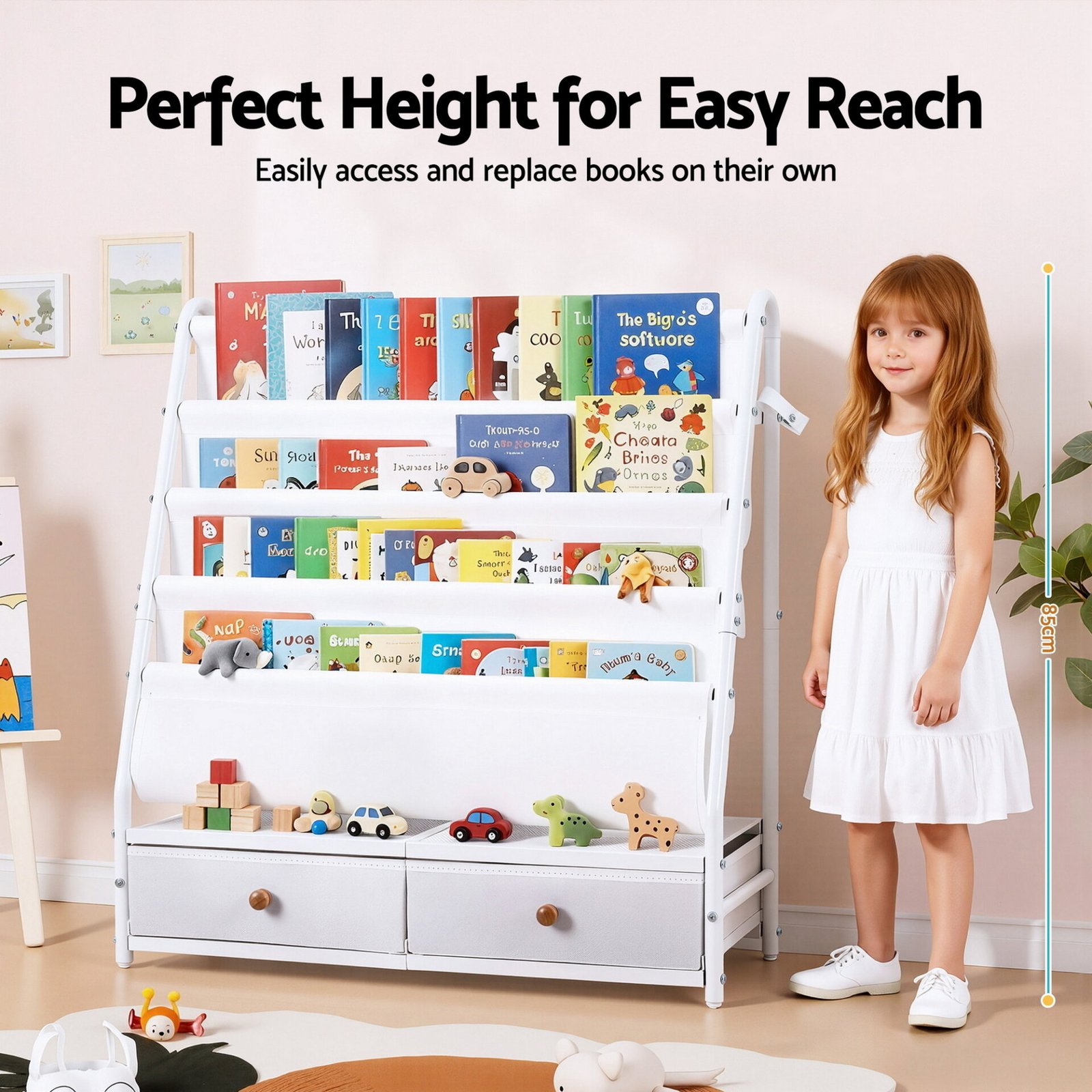 Keezi Kids Bookshelf Metal Storage Rack Toy Organiser Display Shelf Drawer White - Image 5