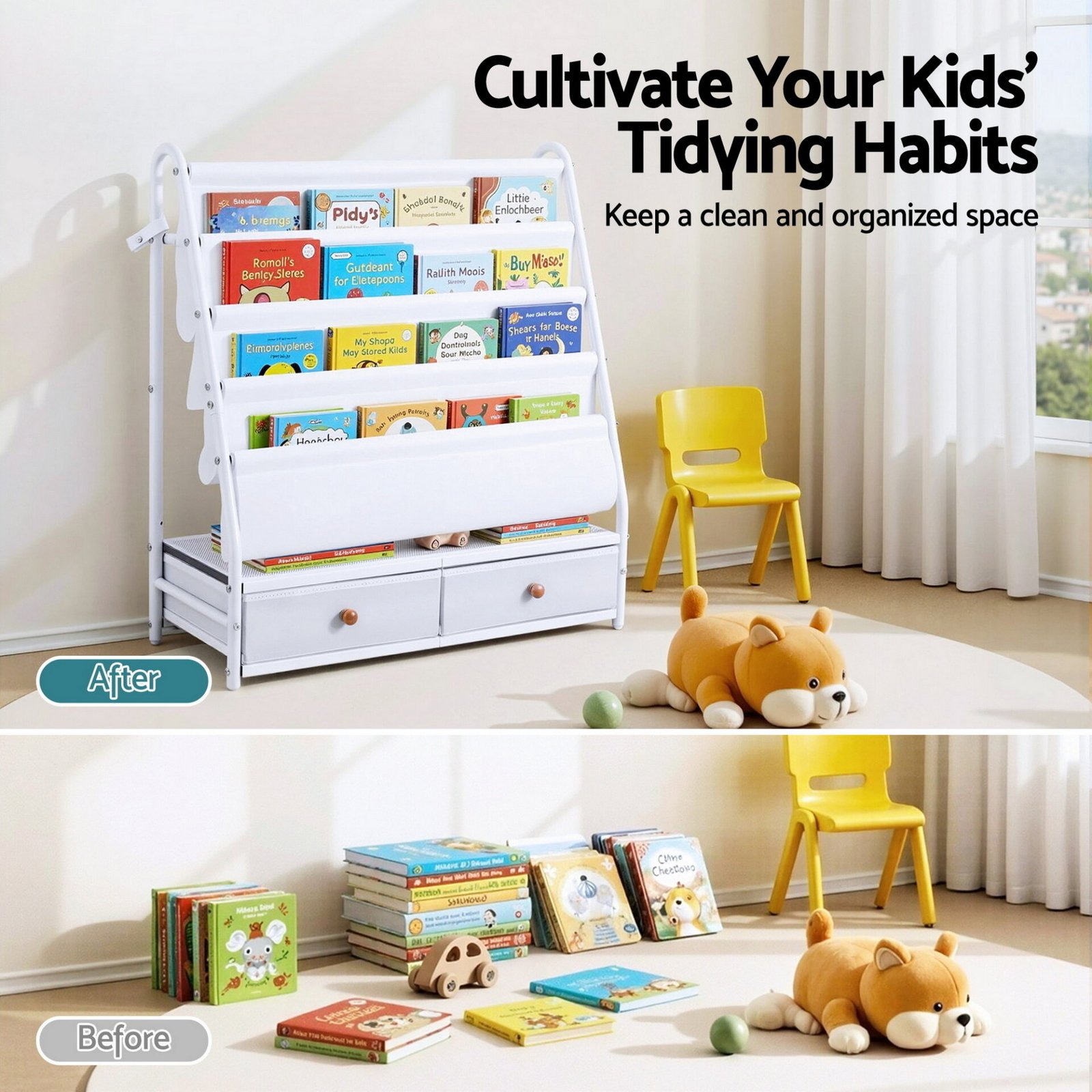 Keezi Kids Bookshelf Metal Storage Rack Toy Organiser Display Shelf Drawer White - Image 6