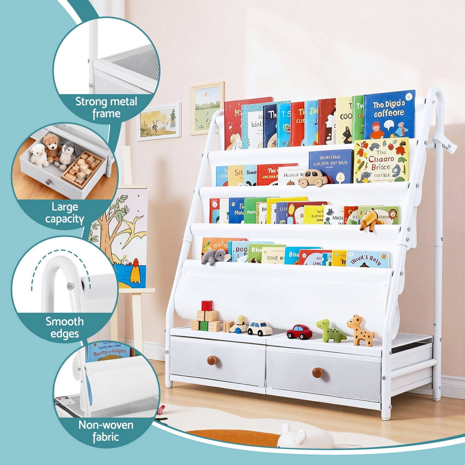 Keezi Kids Bookshelf Metal Storage Rack Toy Organiser Display Shelf Drawer White - Image 7