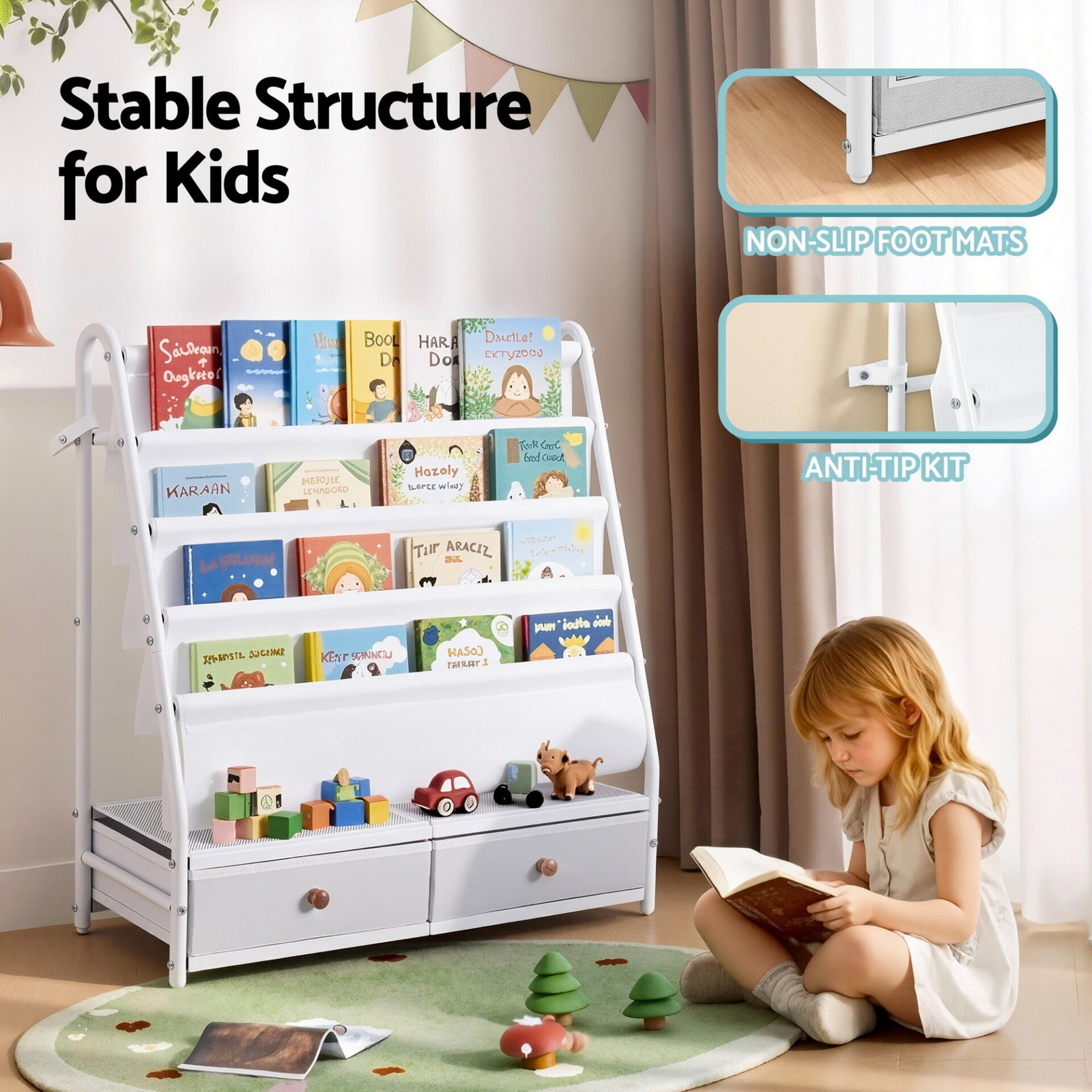 Keezi Kids Bookshelf Metal Storage Rack Toy Organiser Display Shelf Drawer White - Image 8