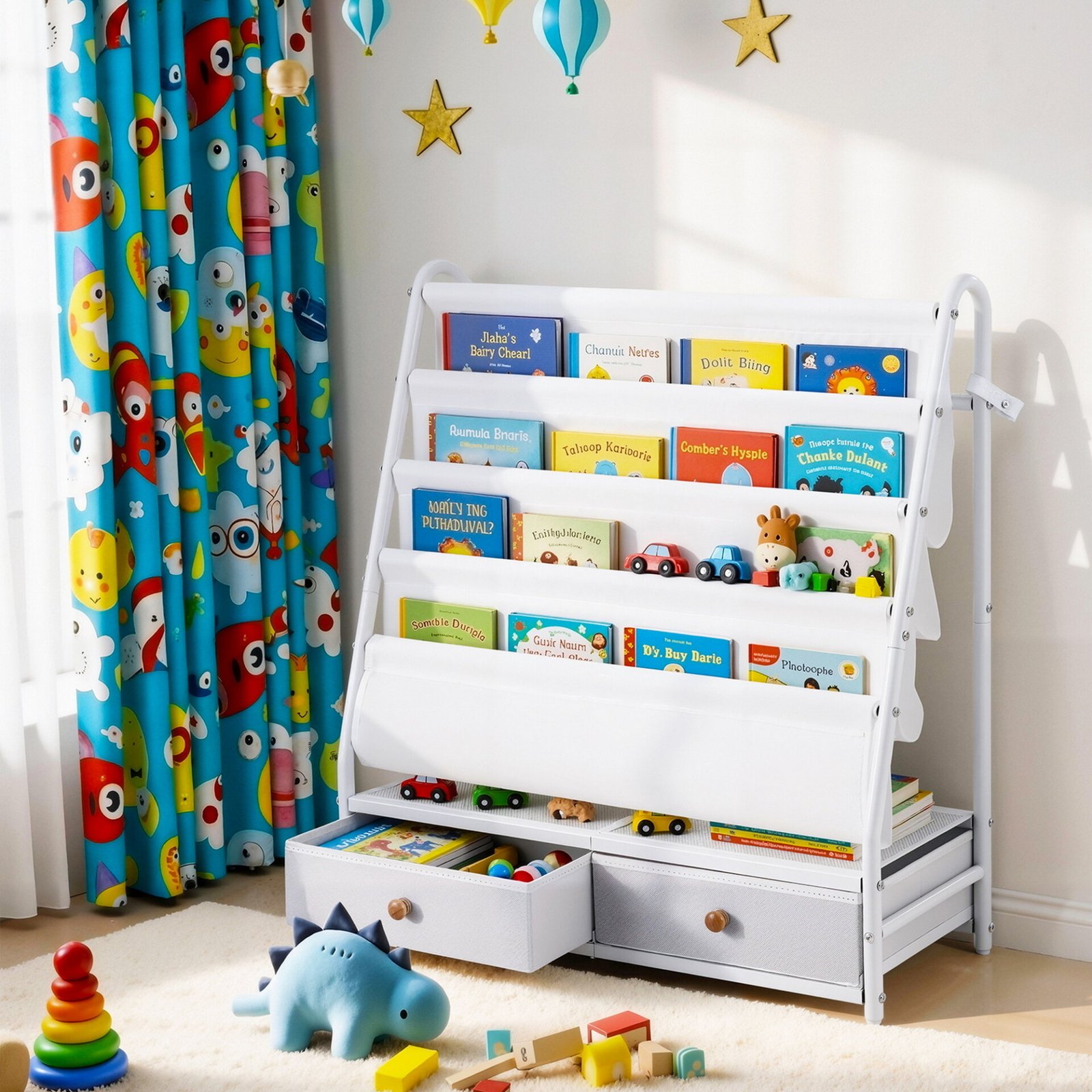 Keezi Kids Bookshelf Metal Storage Rack Toy Organiser Display Shelf Drawer White - Image 9