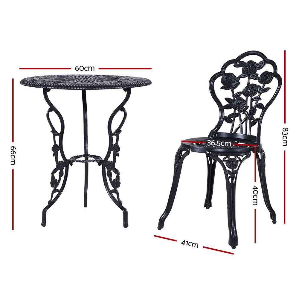 Gardeon 3PC Outdoor Setting Bistro Set Chairs Table Cast Aluminum Rose Black - Image 2