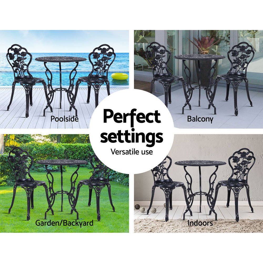 Gardeon 3PC Outdoor Setting Bistro Set Chairs Table Cast Aluminum Rose Black - Image 6