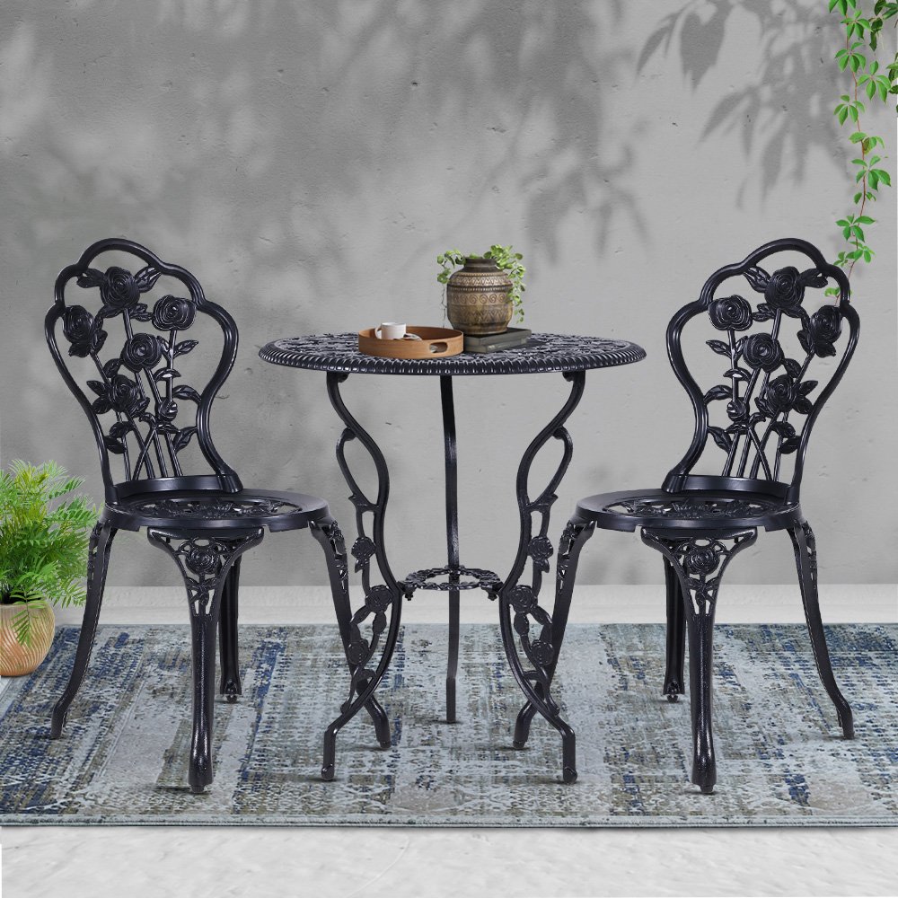 Gardeon 3PC Outdoor Setting Bistro Set Chairs Table Cast Aluminum Rose Black - Image 7