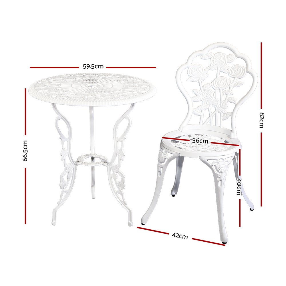 Gardeon 3PC Outdoor Setting Bistro Set Chairs Table Cast Aluminum Patio Furniture Rose White - Image 2