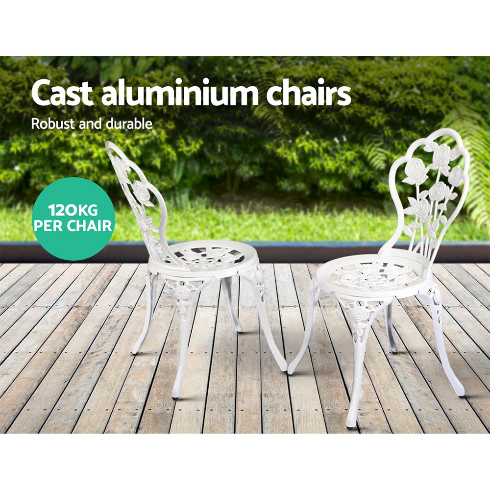 Gardeon 3PC Outdoor Setting Bistro Set Chairs Table Cast Aluminum Patio Furniture Rose White - Image 3