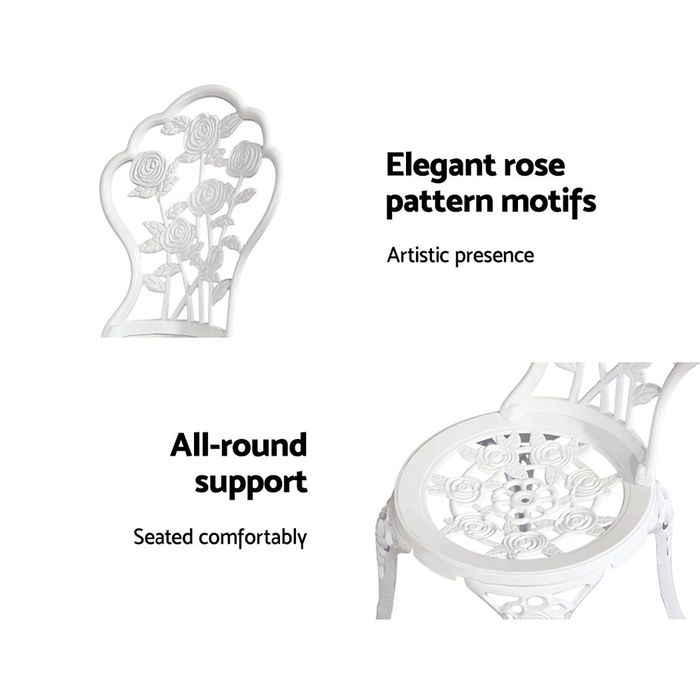 Gardeon 3PC Outdoor Setting Bistro Set Chairs Table Cast Aluminum Patio Furniture Rose White - Image 4