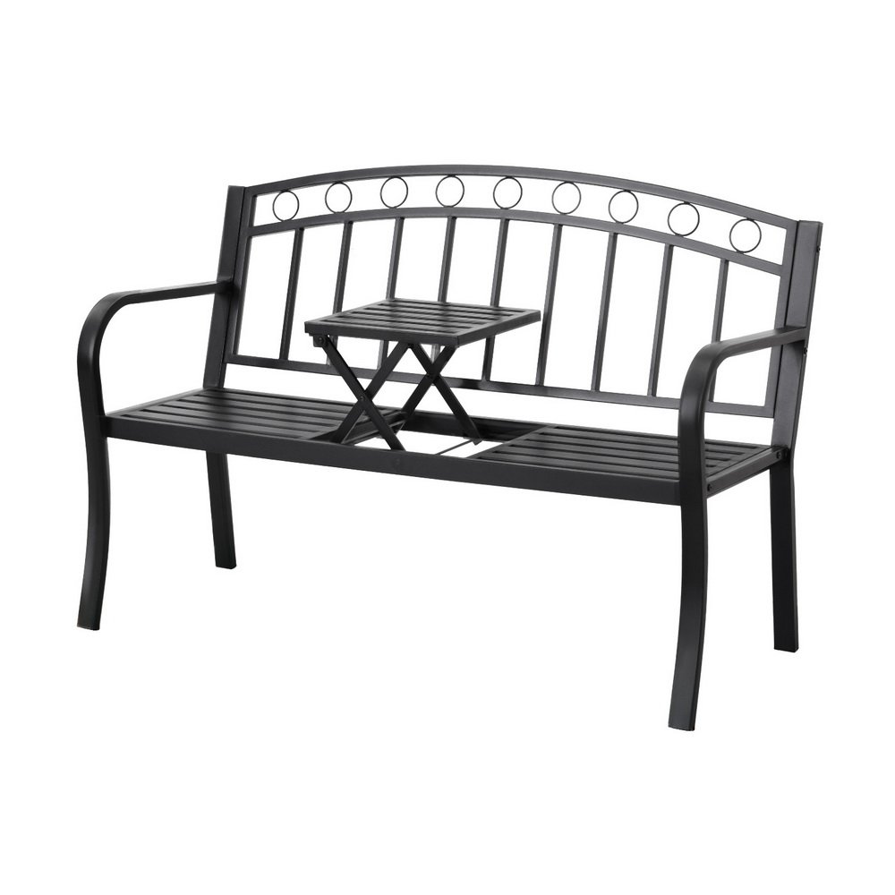 Gardeon Outdoor Garden Bench Seat Loveseat Steel Foldable Table Patio Furniture Black - Image 7