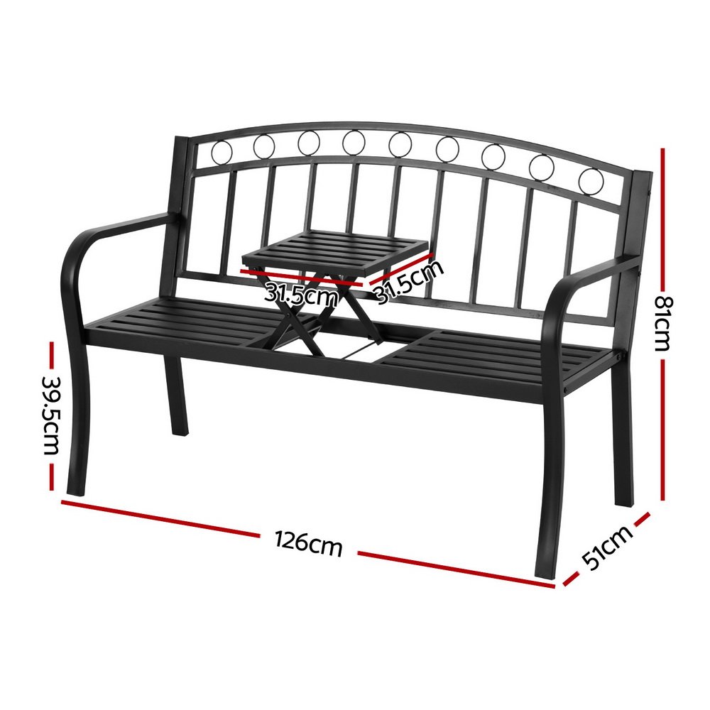 Gardeon Outdoor Garden Bench Seat Loveseat Steel Foldable Table Patio Furniture Black - Image 2