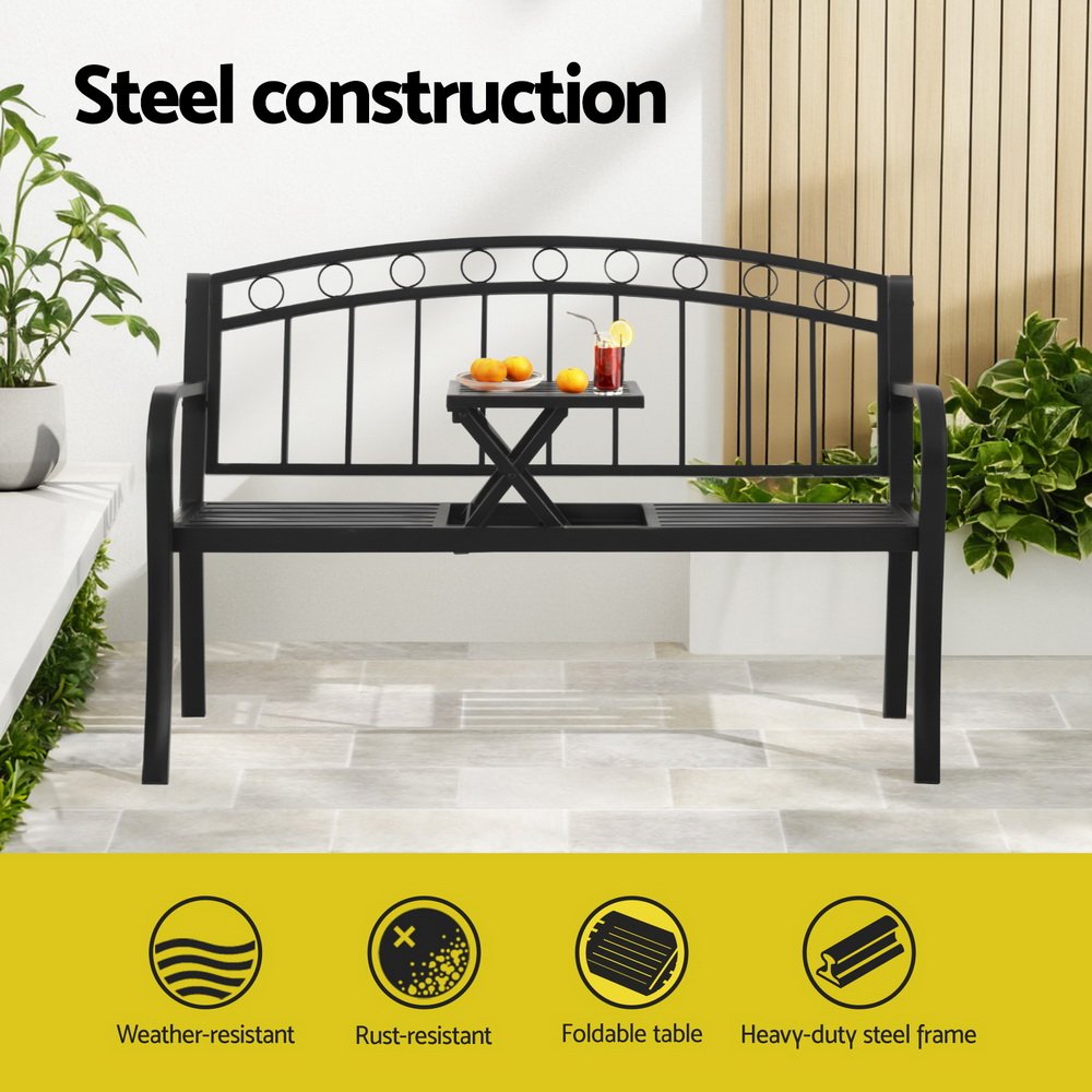 Gardeon Outdoor Garden Bench Seat Loveseat Steel Foldable Table Patio Furniture Black - Image 4