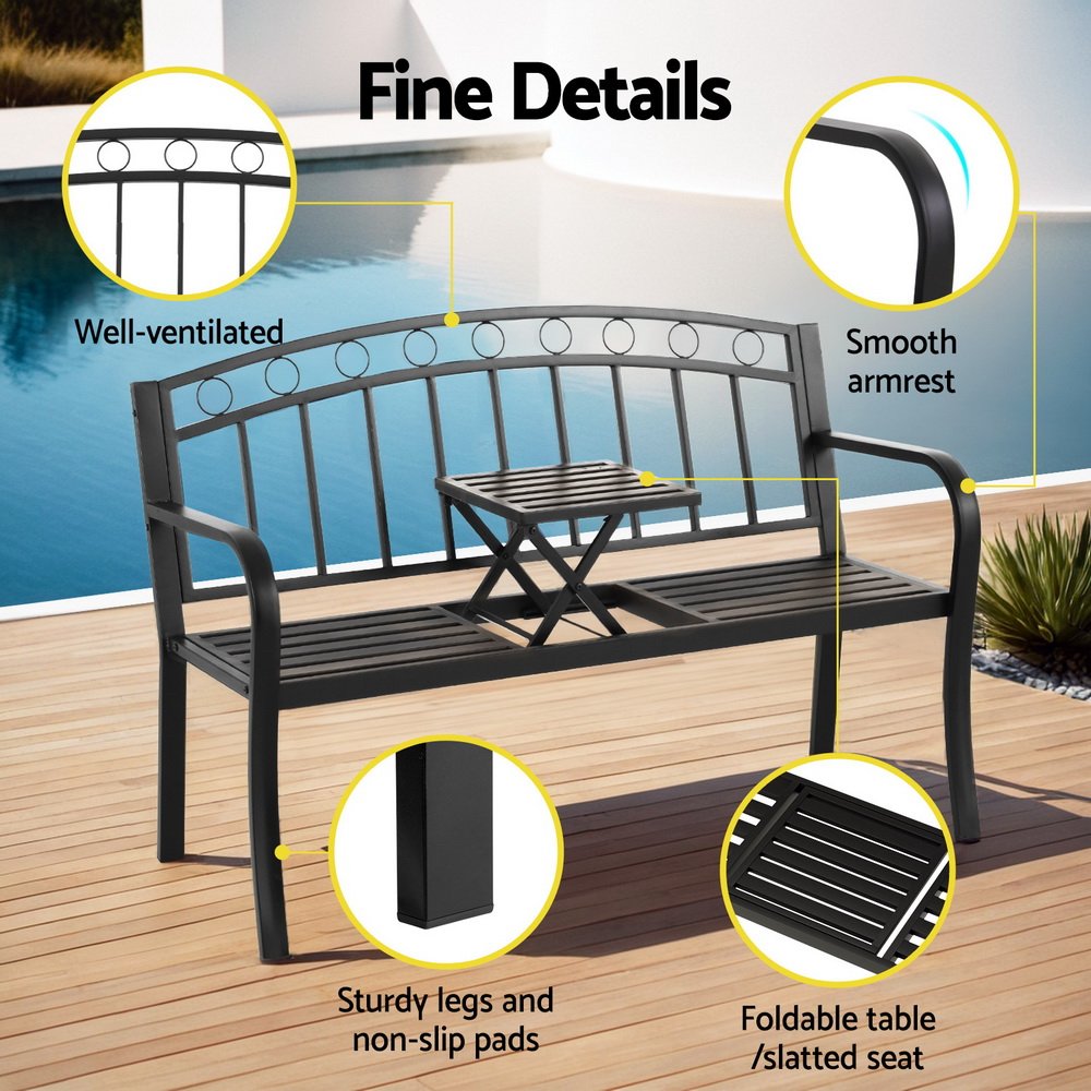 Gardeon Outdoor Garden Bench Seat Loveseat Steel Foldable Table Patio Furniture Black - Image 5