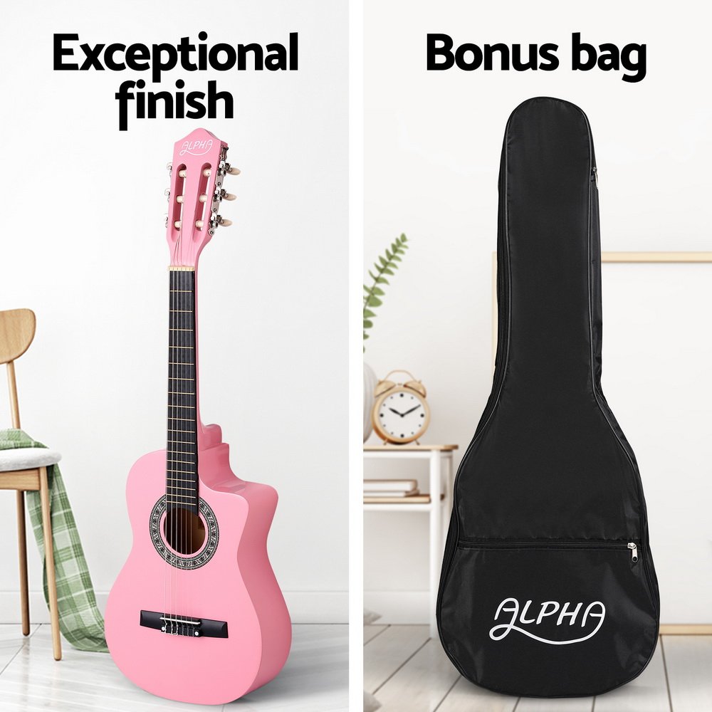 Alpha 34 Inch Classical Guitar Wooden Body Nylon String Beginner Kids Gift Pink - Image 4