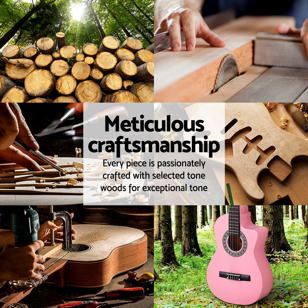 Alpha 34 Inch Classical Guitar Wooden Body Nylon String Beginner Kids Gift Pink - Image 5