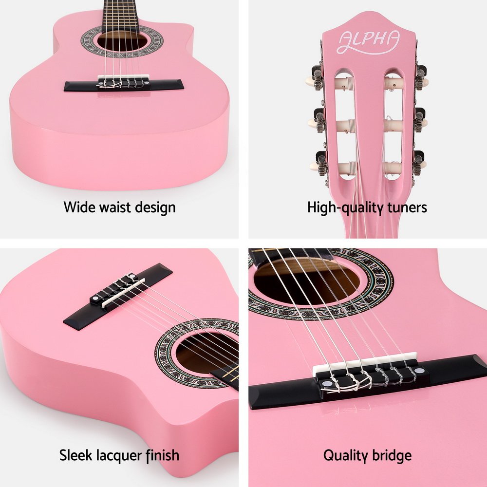 Alpha 34 Inch Classical Guitar Wooden Body Nylon String Beginner Kids Gift Pink - Image 6