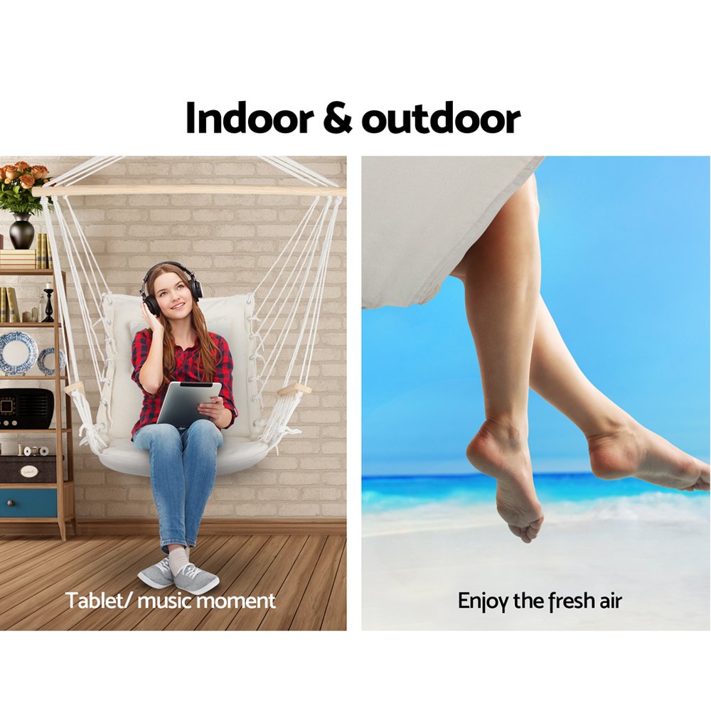 Gardeon Hammock Chair Hanging with Armrest Camping Hammocks Cream - Image 3