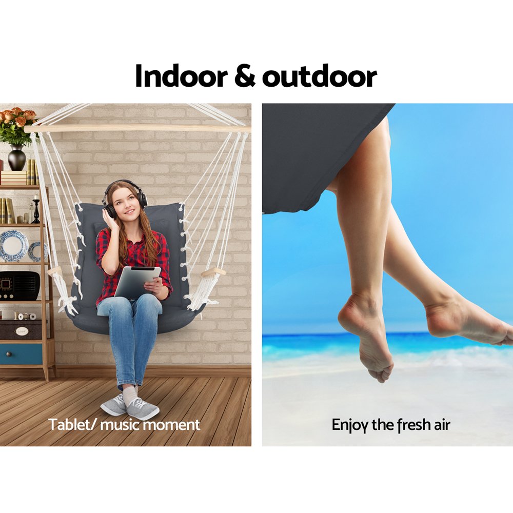 Gardeon Hammock Chair Hanging with Armrest Camping Hammocks Grey - Image 3