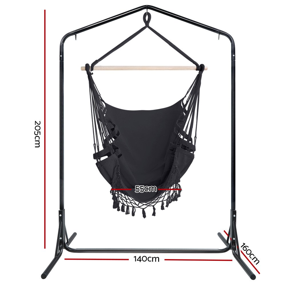 Gardeon Outdoor Hammock Chair with Stand Tassel Hanging Rope Hammocks Grey - Image 2