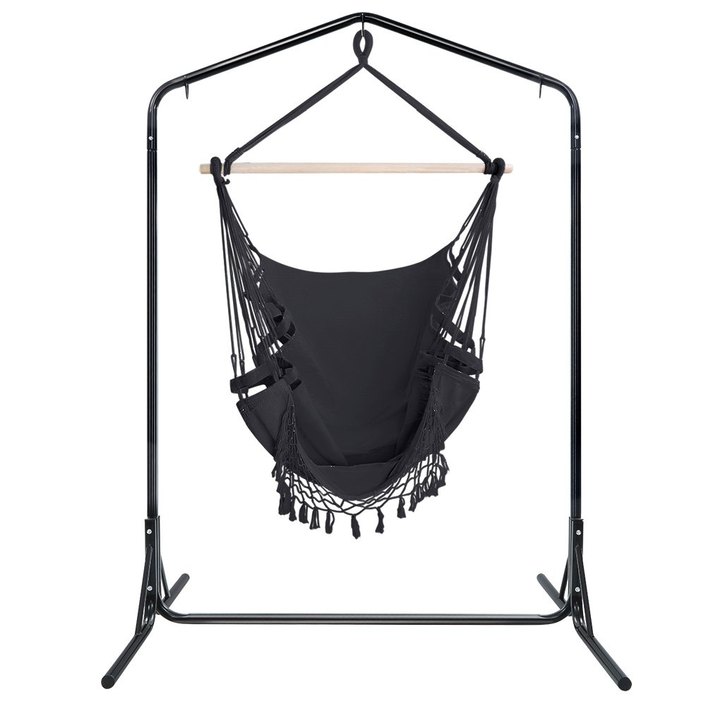 Gardeon Outdoor Hammock Chair with Stand Tassel Hanging Rope Hammocks Grey - Image 3