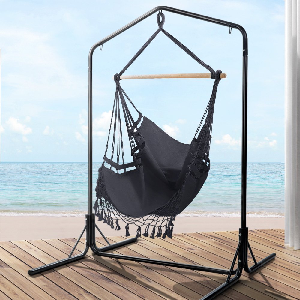 Gardeon Outdoor Hammock Chair with Stand Tassel Hanging Rope Hammocks Grey - Image 8