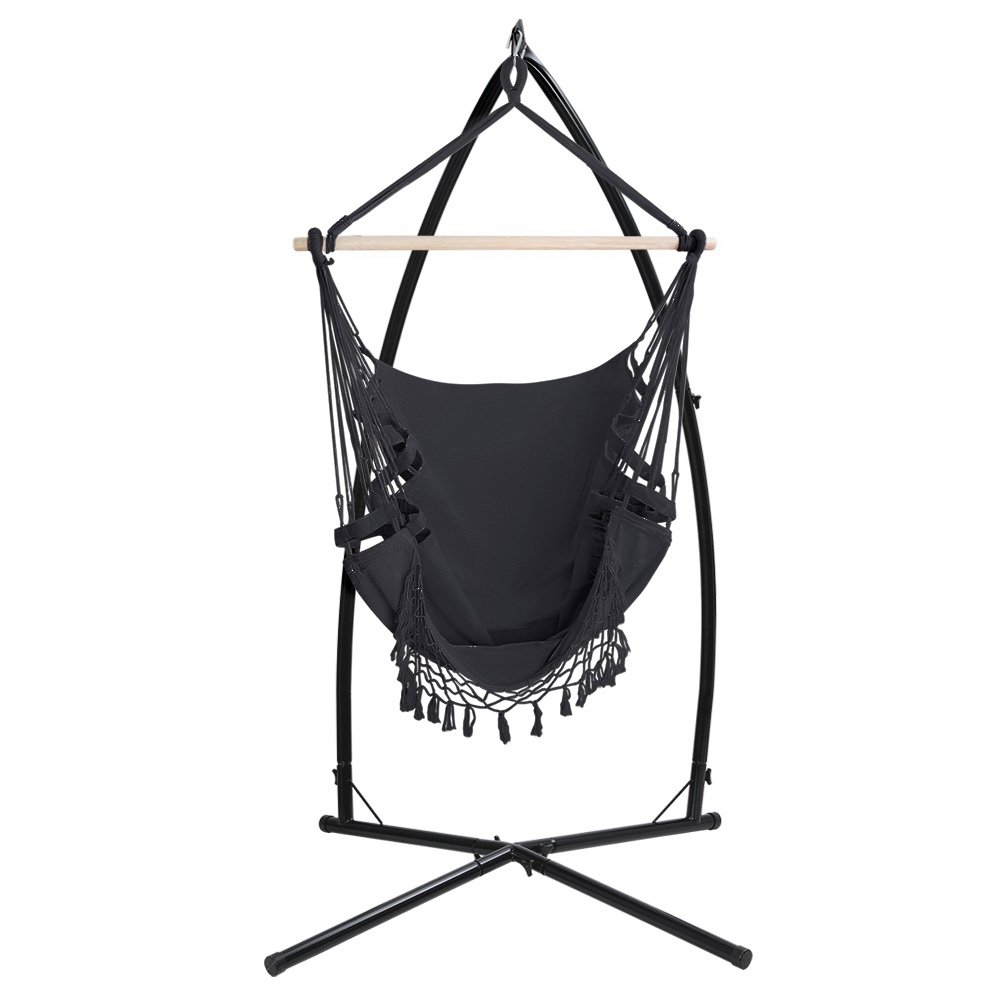 Gardeon Hammock Chair with Steel Stand Hanging Outdoor Tassel Grey - Image 3