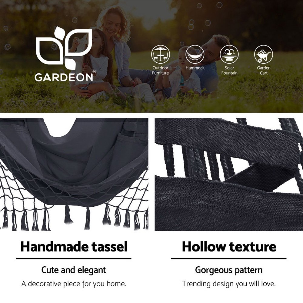 Gardeon Hammock Chair with Steel Stand Hanging Outdoor Tassel Grey - Image 4