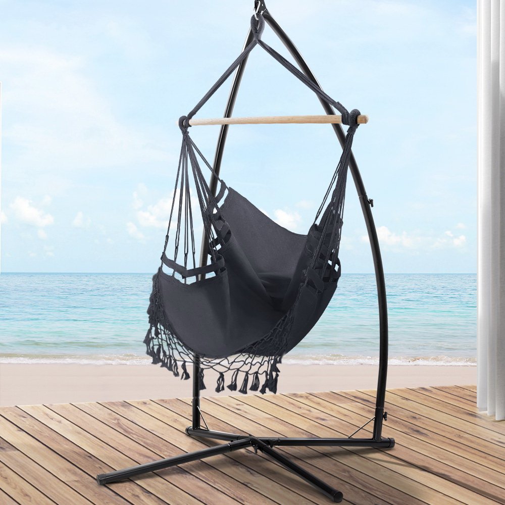 Gardeon Hammock Chair with Steel Stand Hanging Outdoor Tassel Grey - Image 8