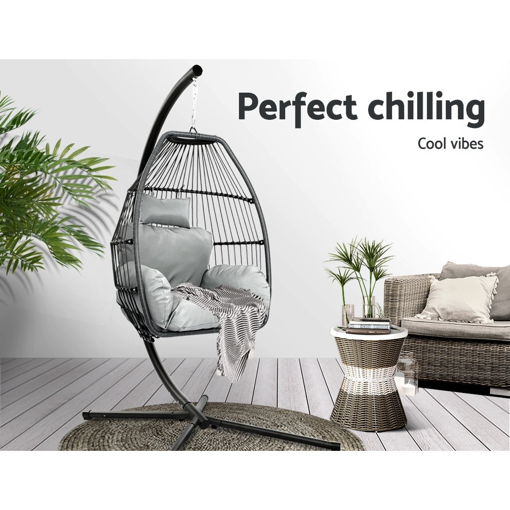 Gardeon Outdoor Egg Swing Chair Wicker Rope Furniture Pod Stand Cushion Grey - Image 3