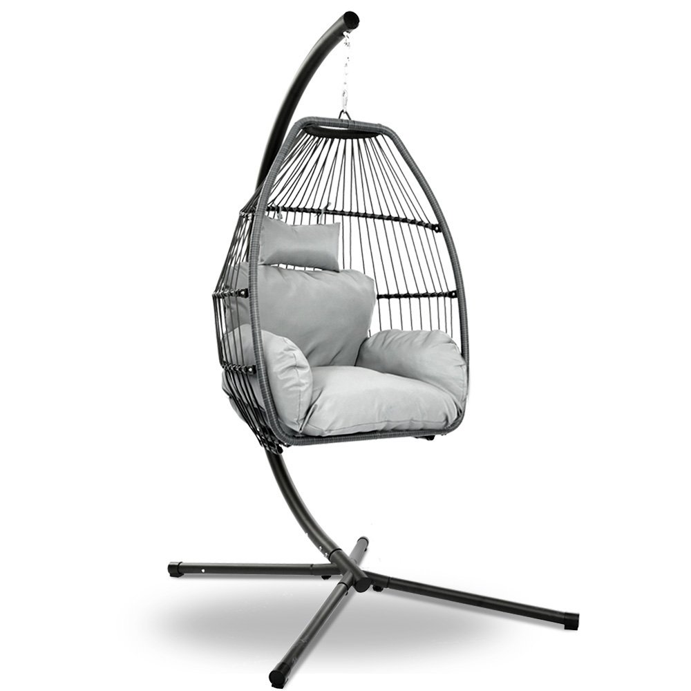 Gardeon Outdoor Egg Swing Chair Wicker Rope Furniture Pod Stand Cushion Grey - Image 8