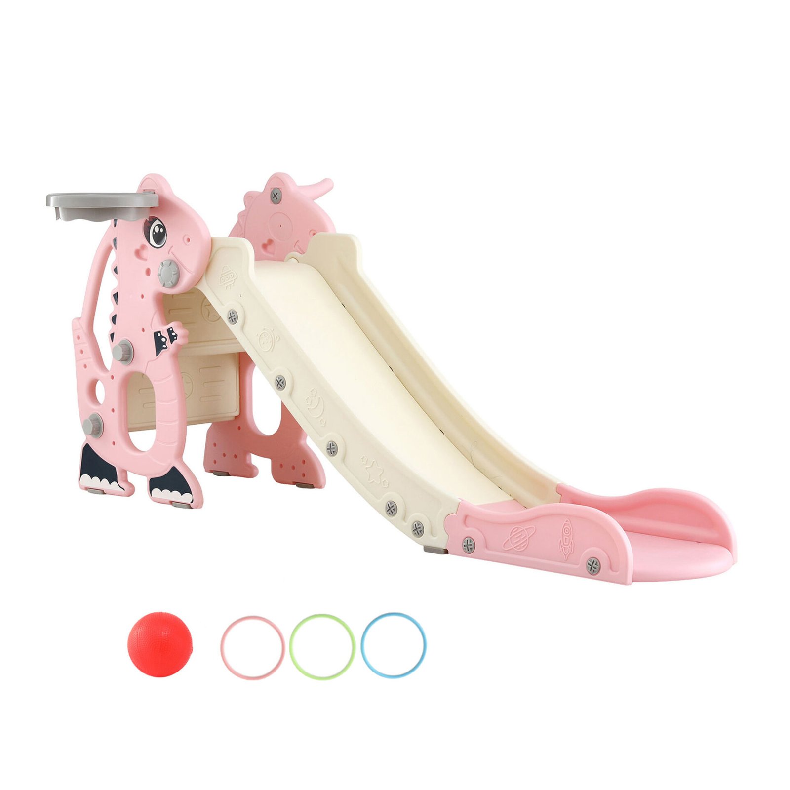 Keezi Kids Slide Set Basketball Hoop Outdoor Playground Toy Dragon 125cm Slide Pink - Image 7